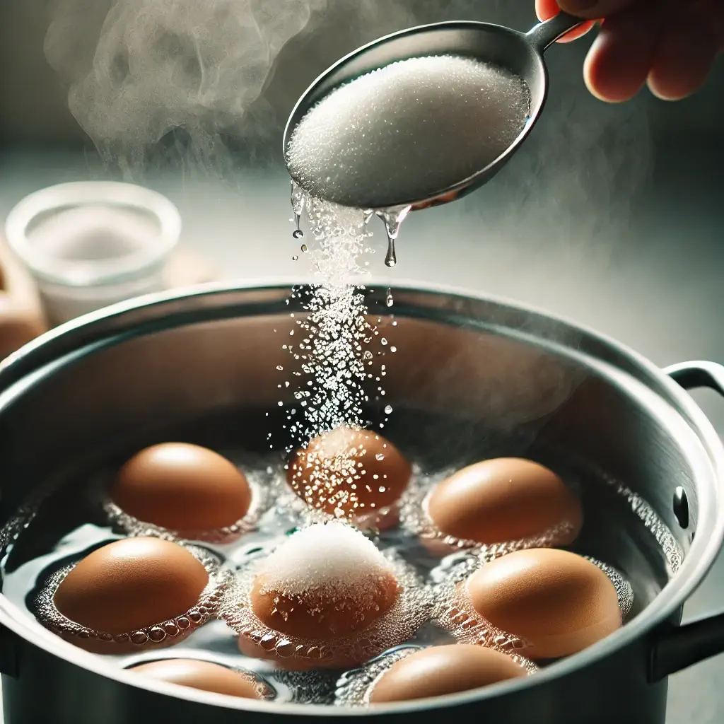 Adding cold water and salt to a pot with eggs for hard-boiling.