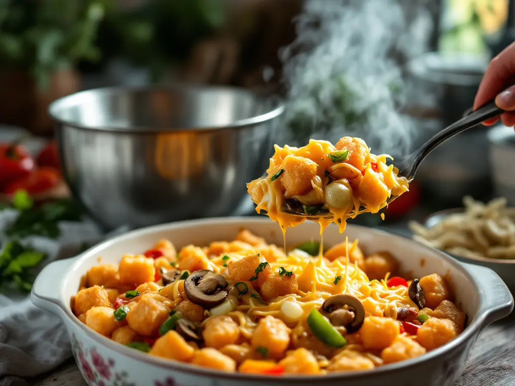 Tater tots being layered into a casserole dish