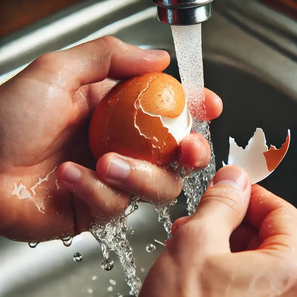 Peeling a hard-boiled egg after the ice bath.