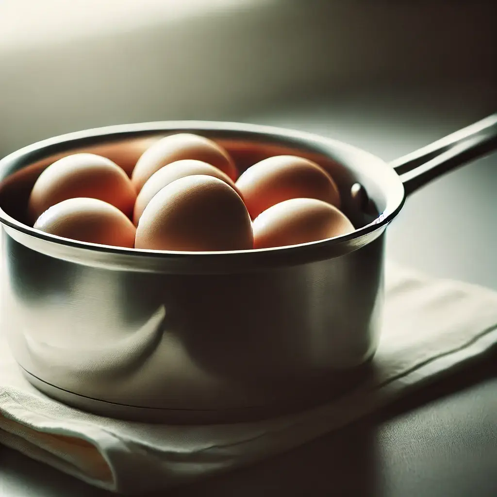 Alt: Placing eggs in a saucepan for hard-boiling. 