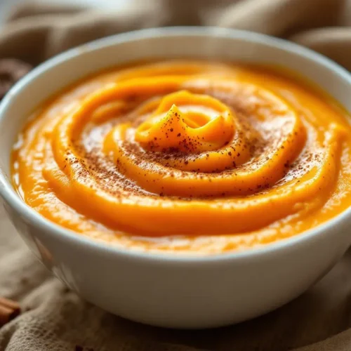 A bowl of freshly blended pumpkin puree, smooth and vibrant orange