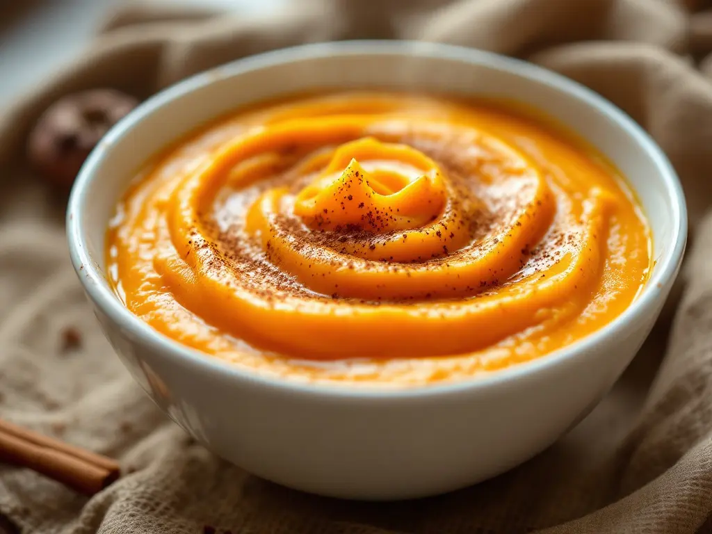 A bowl of freshly blended pumpkin puree, smooth and vibrant orange