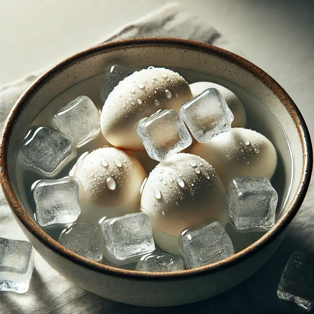 Hard-boiled eggs cooling in an ice bath.