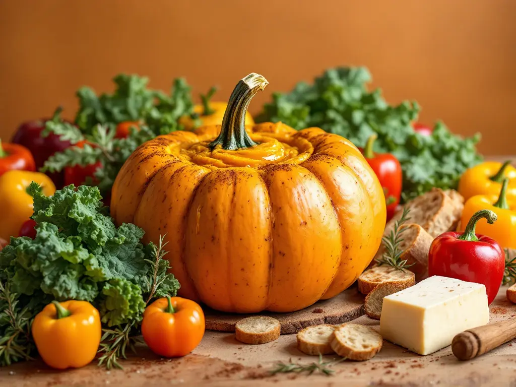 Fresh pumpkin puree with whole pumpkins and spices arranged on rustic wooden surface