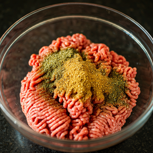 A close-up photo of hands gently mixing ground beef with seasonings in a glass bowl. The light is soft and warm, creating a beautiful bokeh effect.