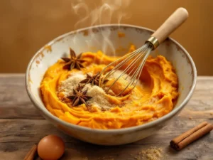 step 12 - Mix the Filling: Combine pumpkin puree, sugars, and spices in a bowl. Add eggs one at a time, whisking thoroughly. Gradually stir in evaporated milk.