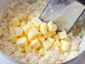 Cut in the Butter: Add the chilled butter cubes to the flour mixture. Using a pastry cutter or your