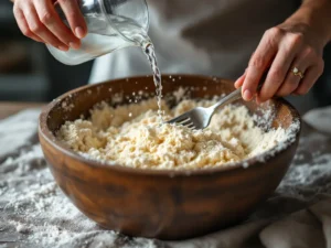 step 4 - Add Water Gradually: Drizzle in ice-cold water, one tablespoon at a time, mixing gently with a fork. Stop adding water once the dough starts to come together without being sticky.