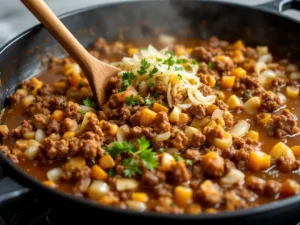 Ground beef, onion, and soup mixture being combined in a skillet