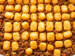 A casserole dish layered with ground beef mixture and topped with frozen tater tots.