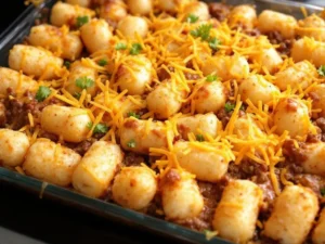 Tater Tot Casserole baking in the oven with melted cheese.