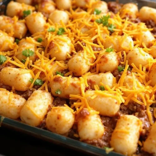 Tater Tot Casserole baking in the oven with melted cheese.