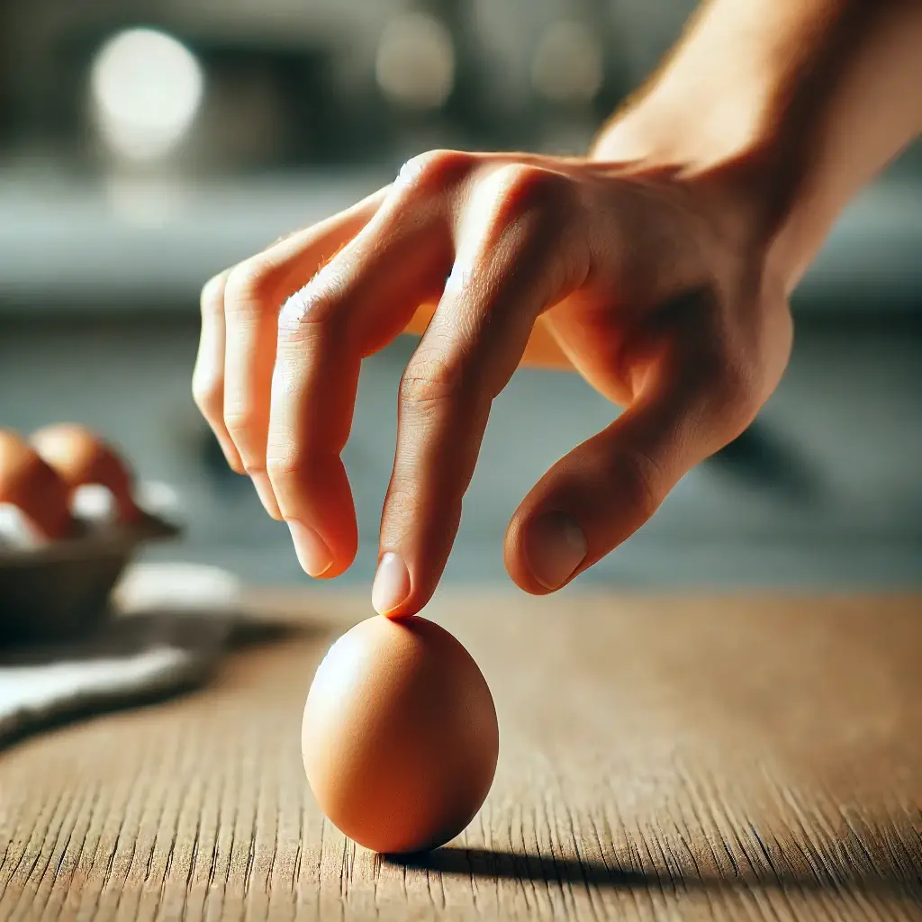 Gently tapping a hard-boiled egg to create cracks before peeling.