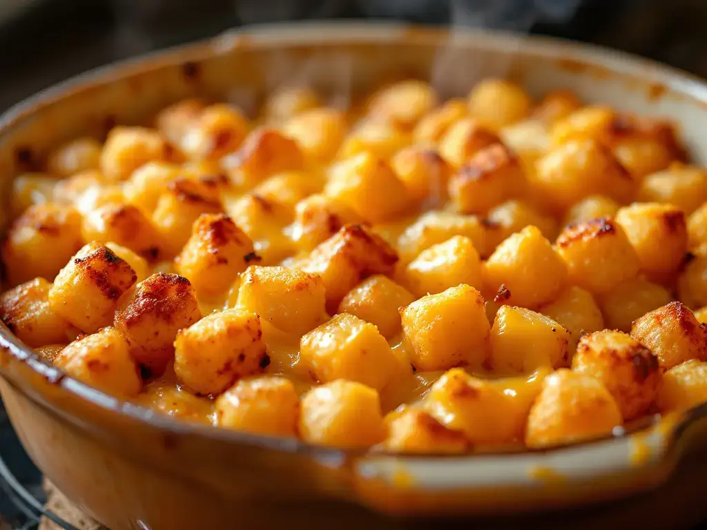 "Golden brown Tater Tot Casserole fresh from the oven, bubbling with cheesy goodness