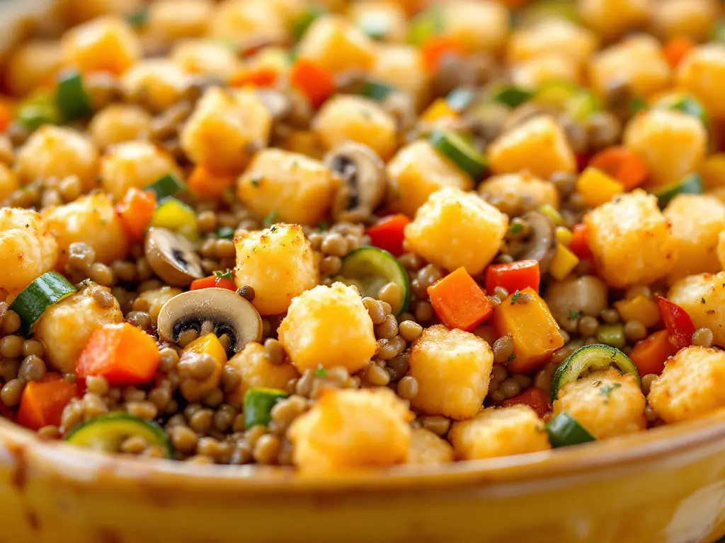 Vegetarian tater tot casserole with lentils and vegetables